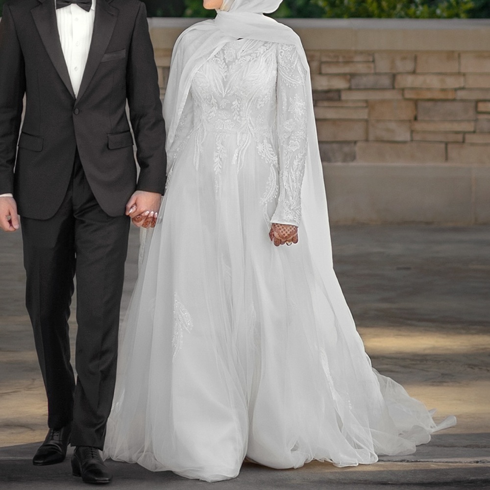 Lace & Tulle A-Line Modest Wedding Dress - Picture 8 of 9